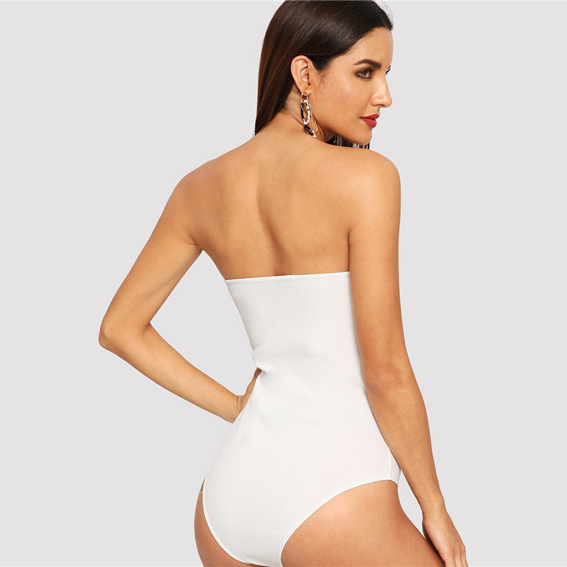SHEIN Sexy Sweetheart Bustier Bodysuit Sleeveless Backless Plain Rompers With Lining