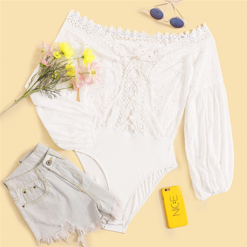 SHEIN Lace Trim Plunge Neck Eyelet Embroidered Bodysuit