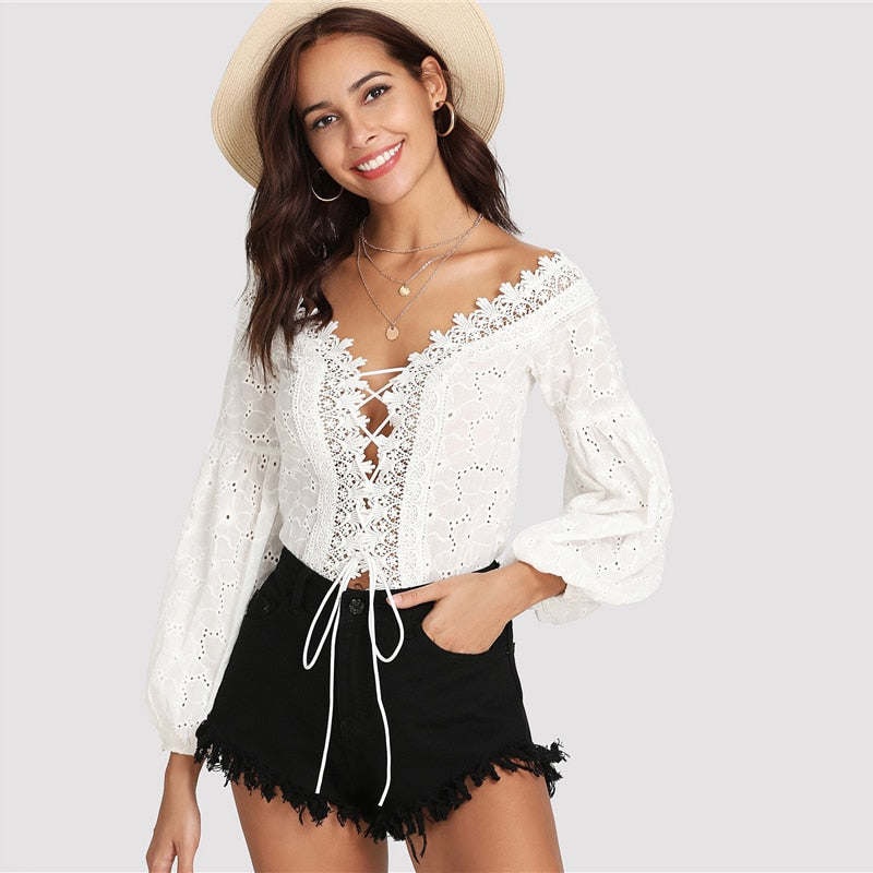 SHEIN Lace Trim Plunge Neck Eyelet Embroidered Bodysuit