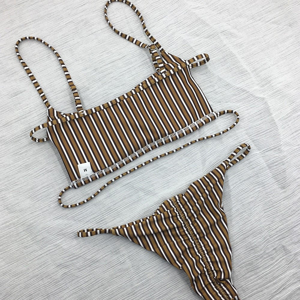 Stripe Printing Bandage Bikini Set Swimsuit