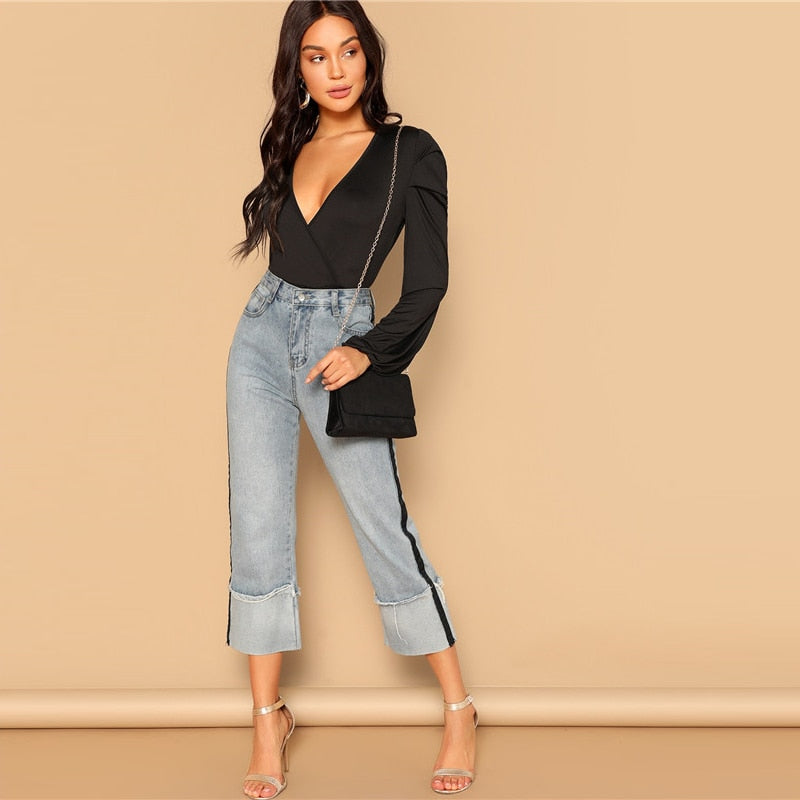 SHEIN Women Black Deep V Neck Slim Fitted Solid Bodysuit Modern Lady Spring Out Going Sexy Lantern Long Sleeve Bodysuits