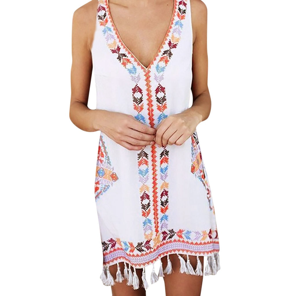 Bohemian Tassel Printed Sleeveless Beach Short Dress