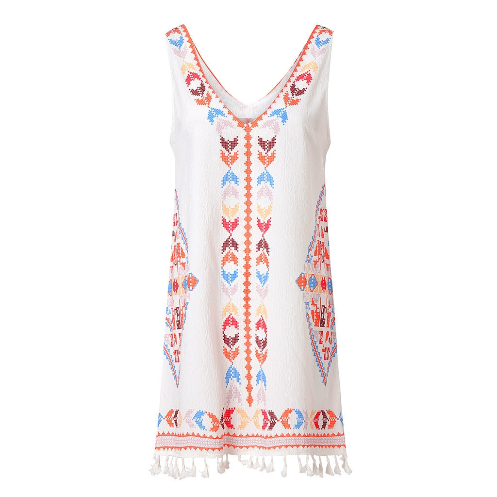 Bohemian Tassel Printed Sleeveless Beach Short Dress