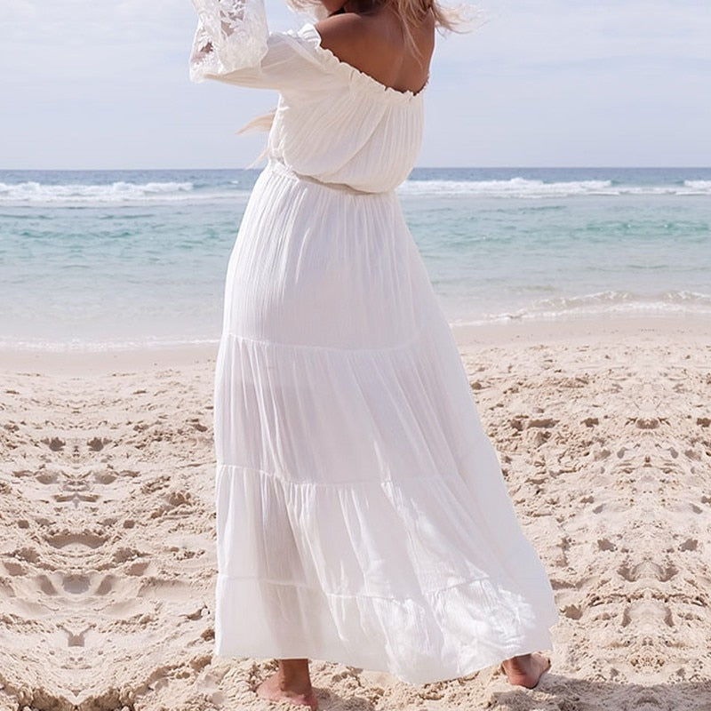 Summer Loose Off Shoulder Lace Boho Maxi Dress