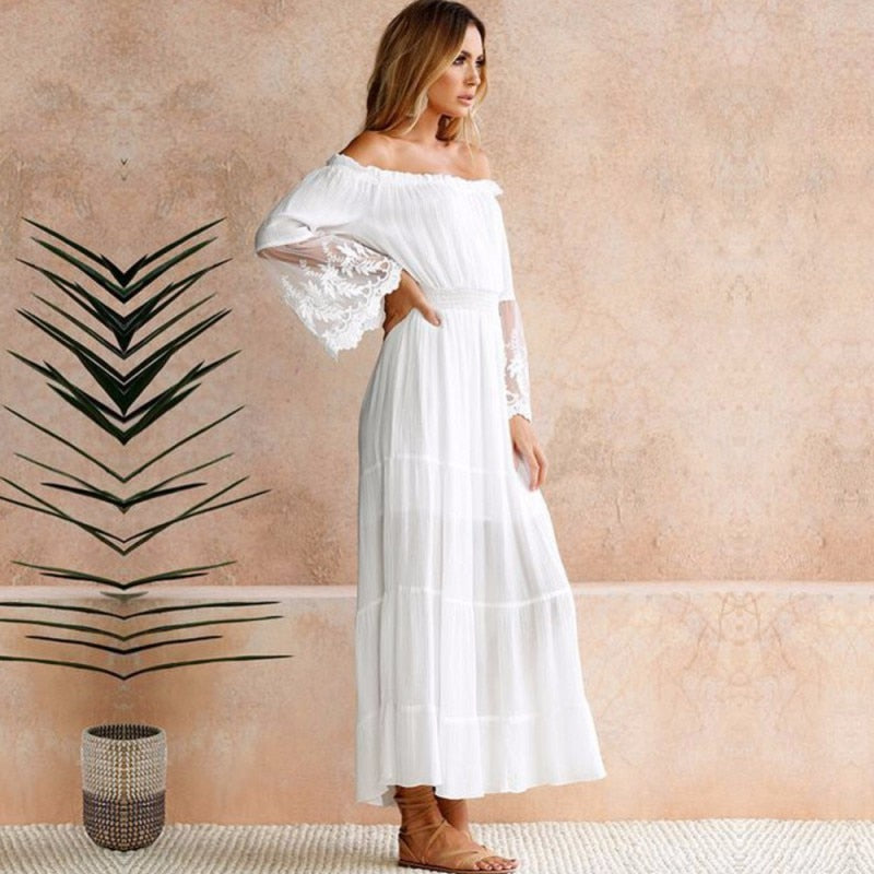 Summer Loose Off Shoulder Lace Boho Maxi Dress