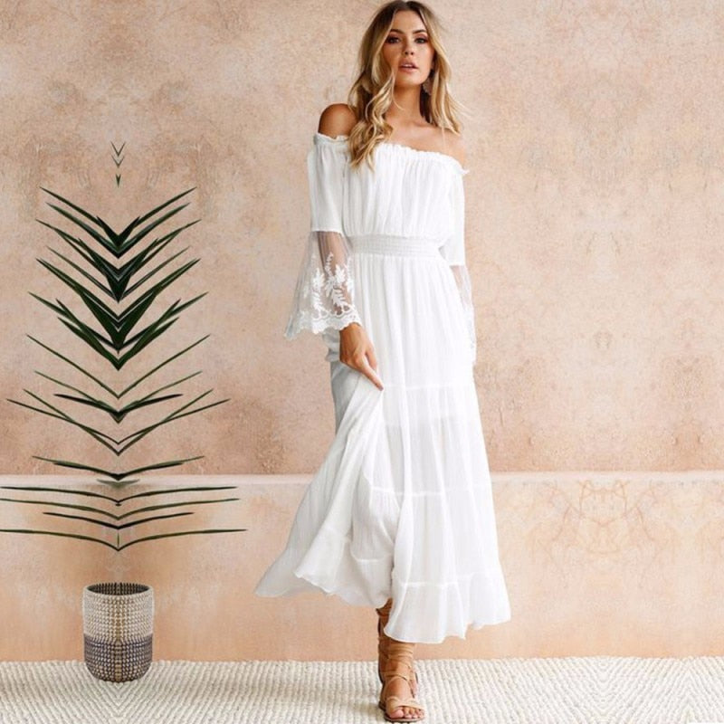 Summer Loose Off Shoulder Lace Boho Maxi Dress