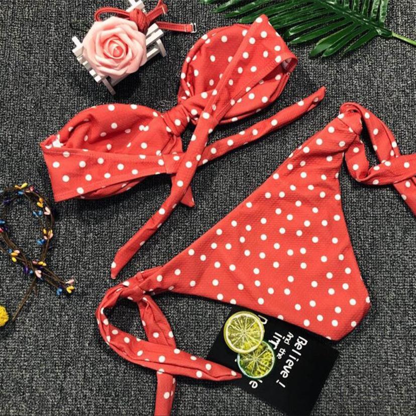 Women Dot Printed Bikini Set Push-Up Padded Bow Swimwear