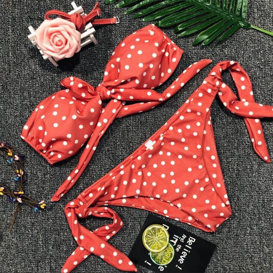 Women Dot Printed Bikini Set Push-Up Padded Bow Swimwear