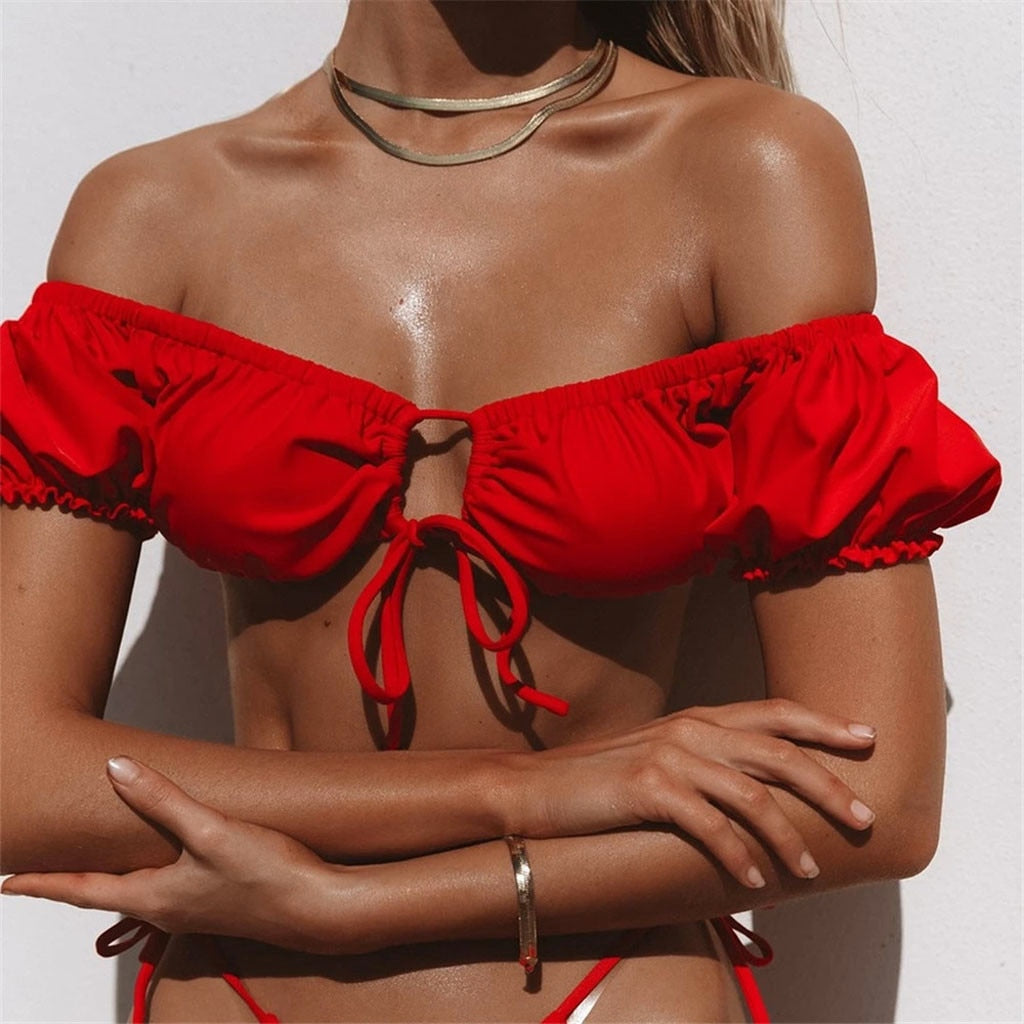 Bandage Solid Short Sleeve Bikini Two-piece Beachwear