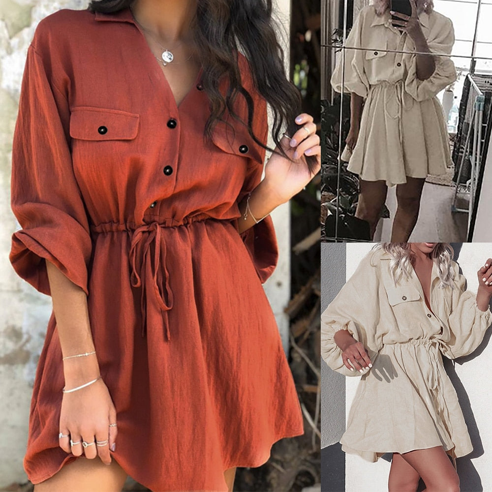 Women Belt Beach Linen Dress