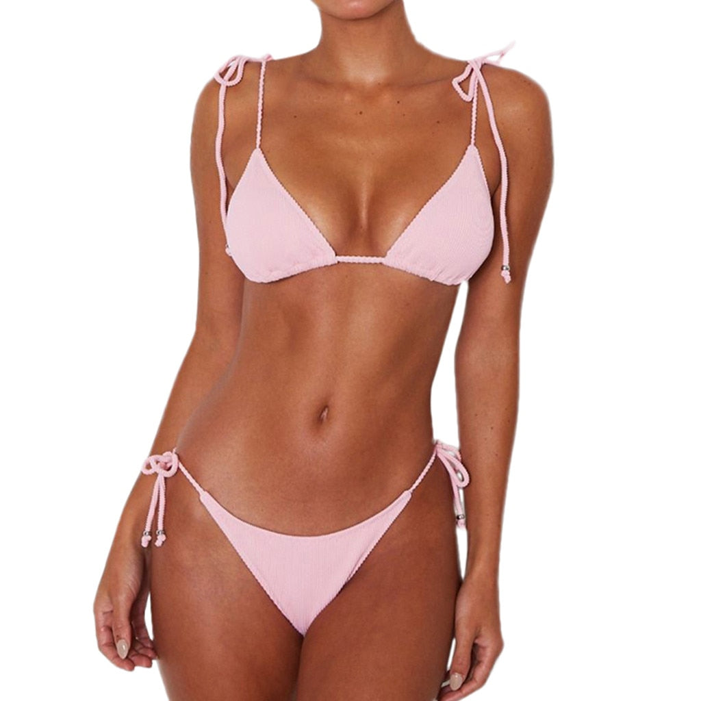 Pink Solid Two Piece Bathing Suit