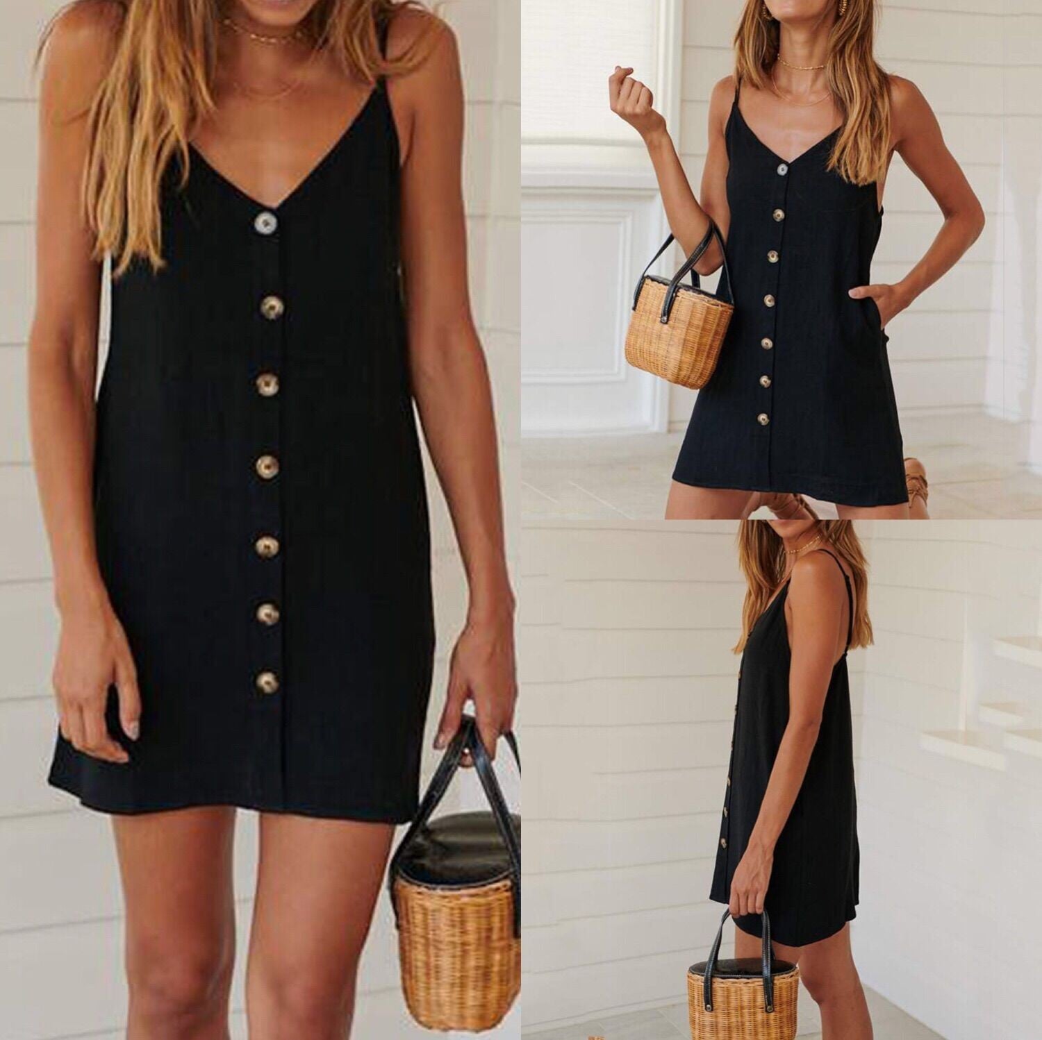 Casual Button V-neck Sling Sleeveless Mini Beach Dress