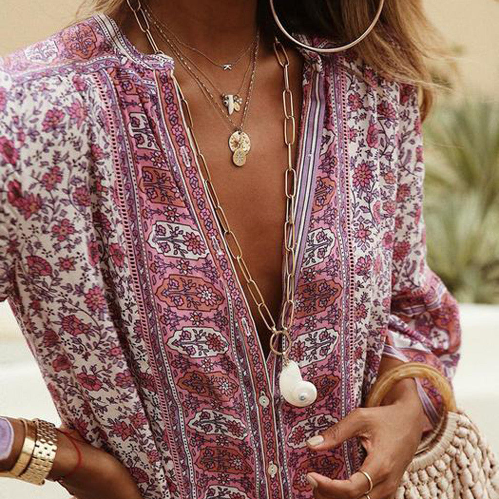 Summer Maxi Boho Flowers Print Button Down Flare Sleeve Loose Dress