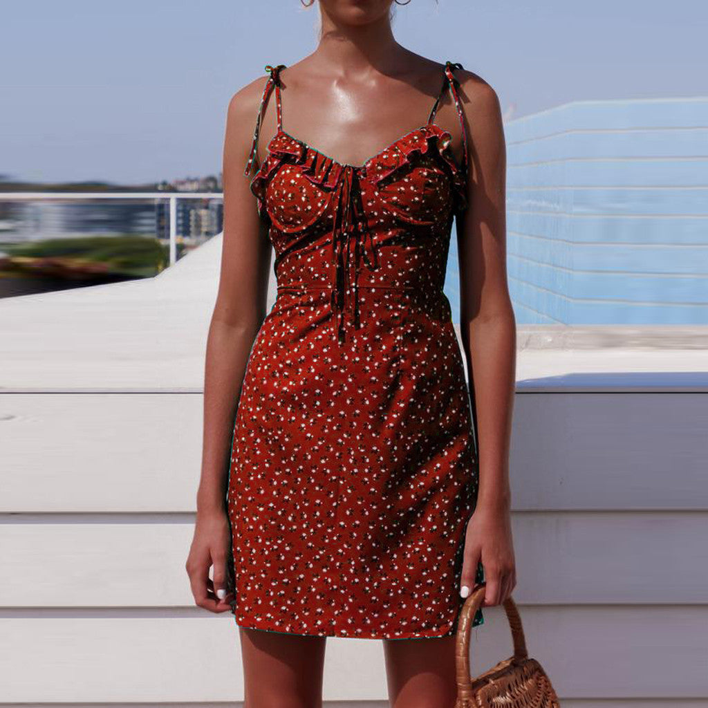 Women Lace Up Sleeveless Off Shoulder Ruch Floral Print Strap Mini Dress