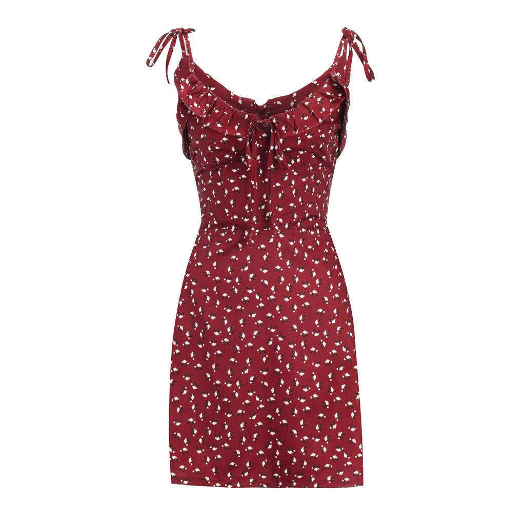 Women Lace Up Sleeveless Off Shoulder Ruch Floral Print Strap Mini Dress