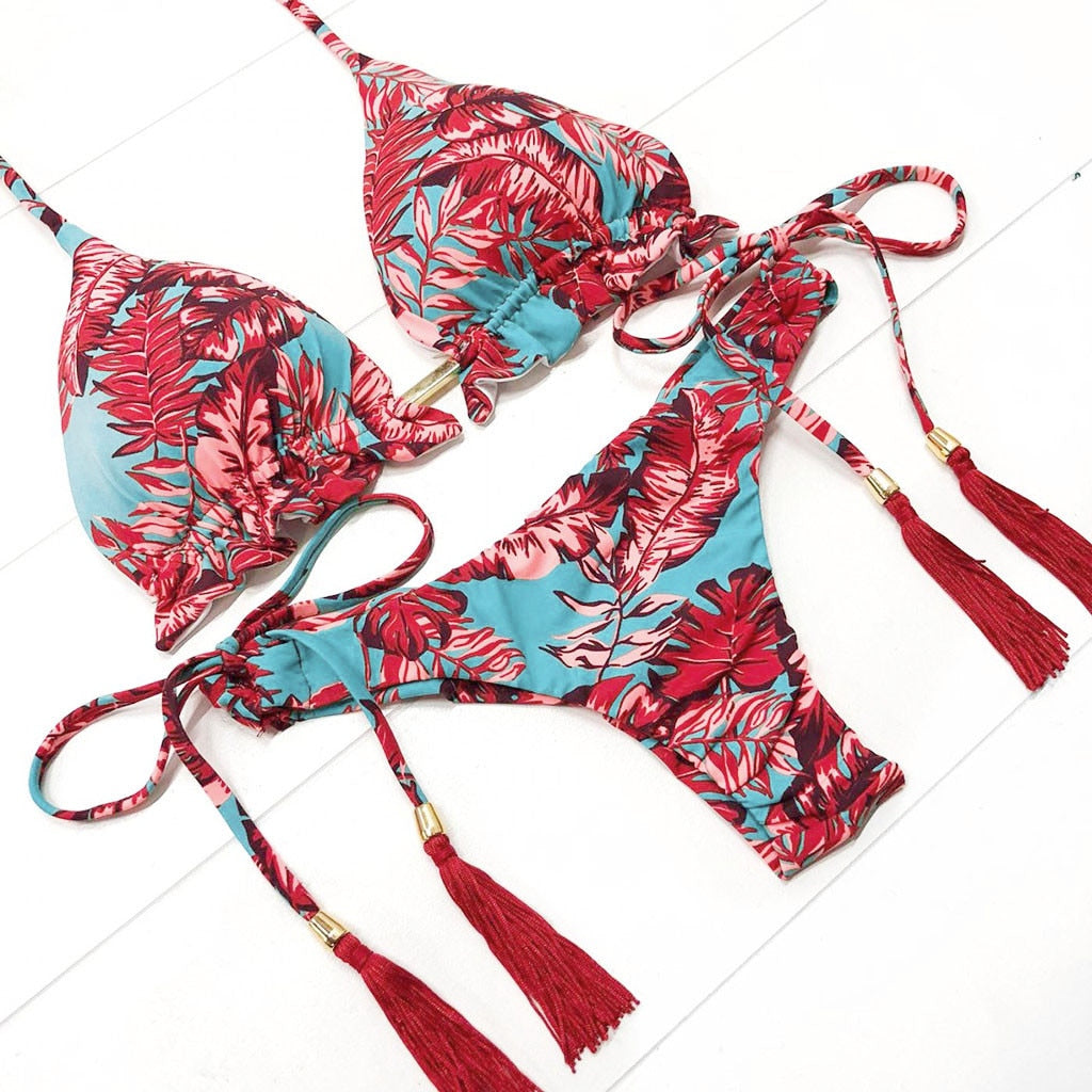 Women's Floral Bikini Bandage Halter Bathing Suit