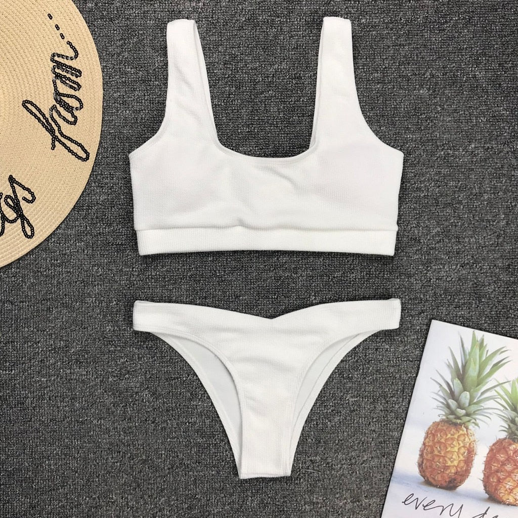 White Crop Top Bikini Set High Waisted Bathing Suit