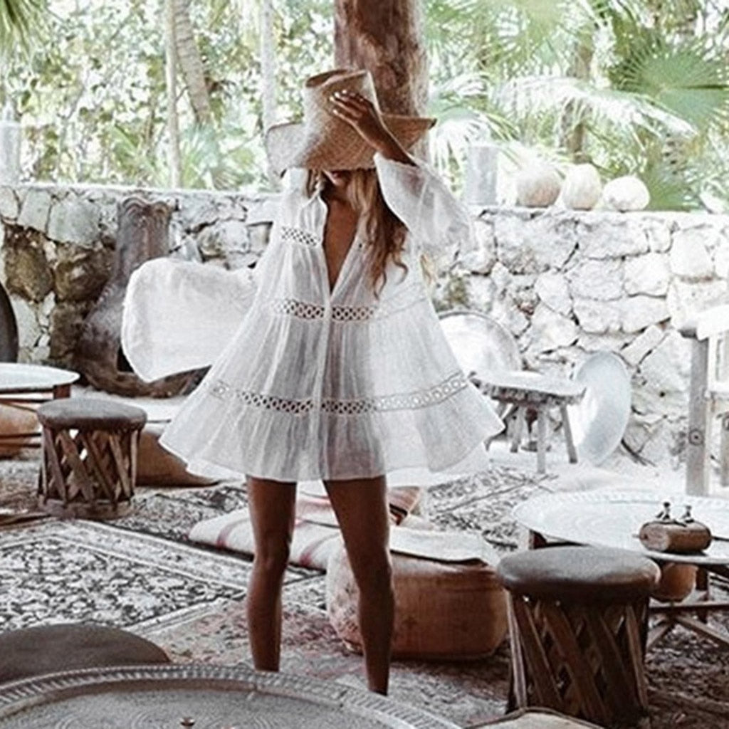 Women Flare Sleeve Button Down Hollow Out Beach Dress