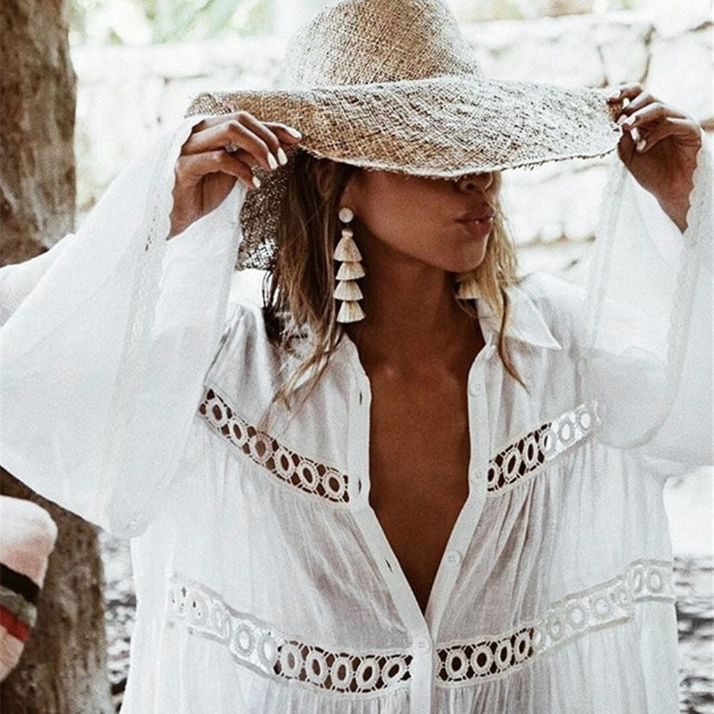 Women Flare Sleeve Button Down Hollow Out Beach Dress