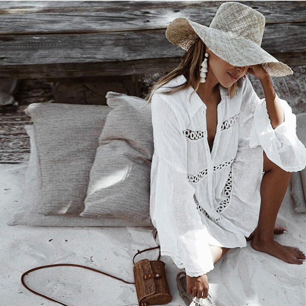 Women Flare Sleeve Button Down Hollow Out Beach Dress