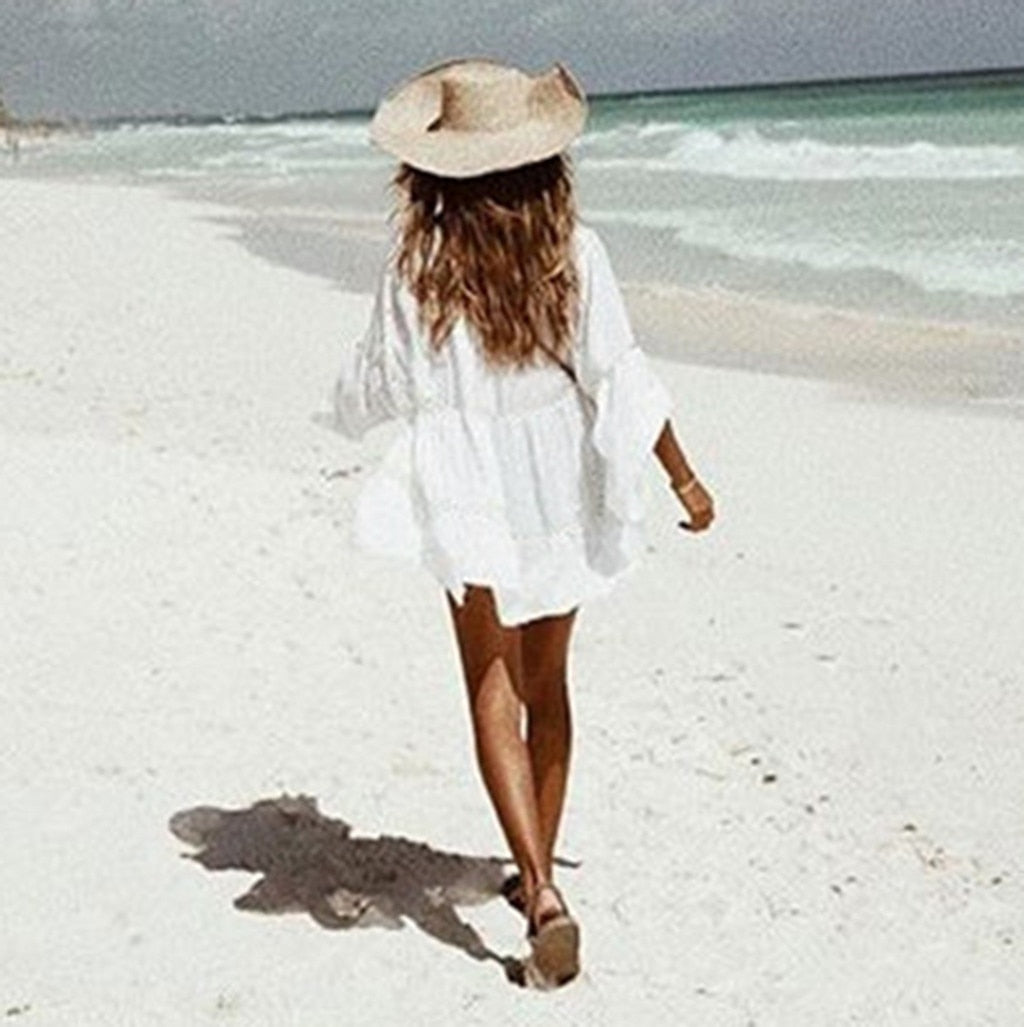 Women Flare Sleeve Button Down Hollow Out Beach Dress