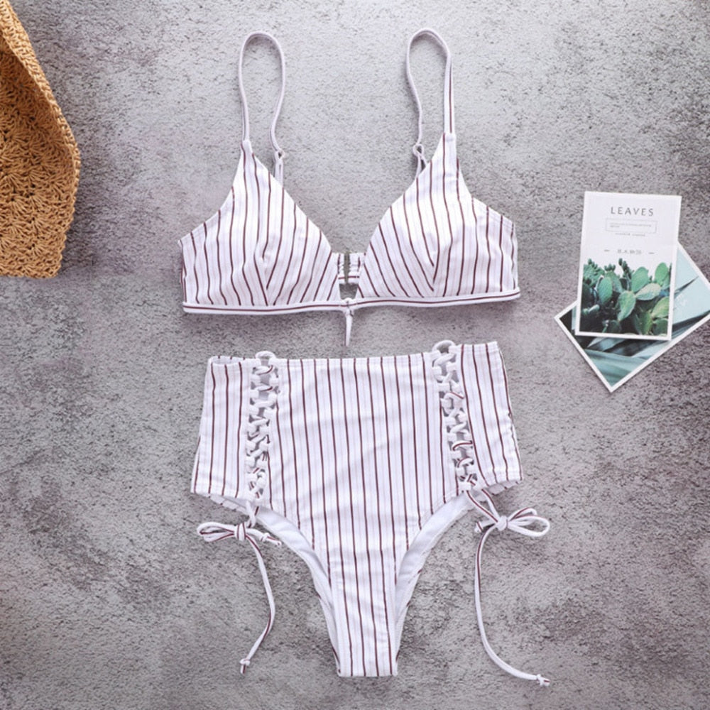 Women Beachwear Striped High Waist Bandage Two Piece Bikini