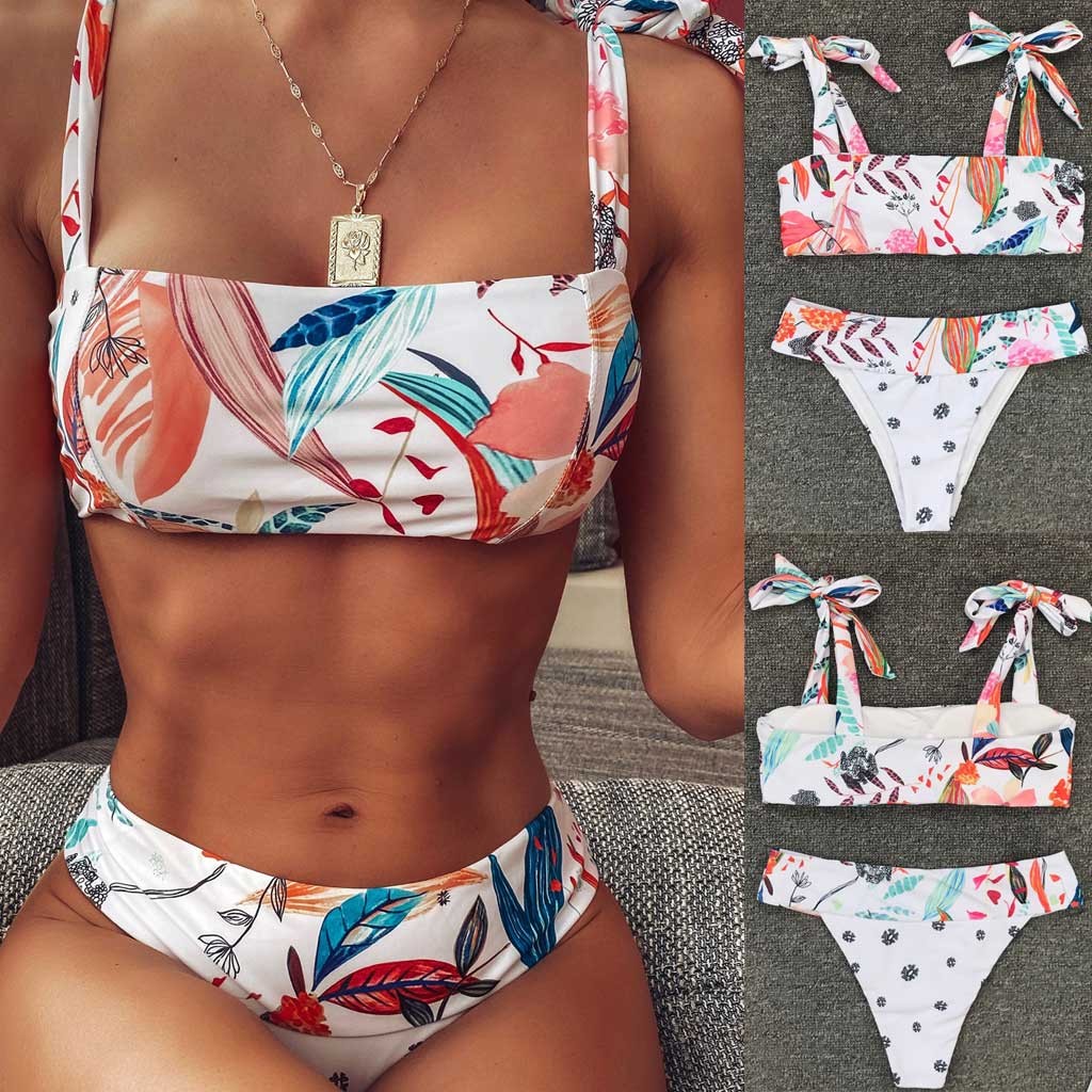 Summer Women Push-Up Padded Bra Printed Triangle Bikini Set