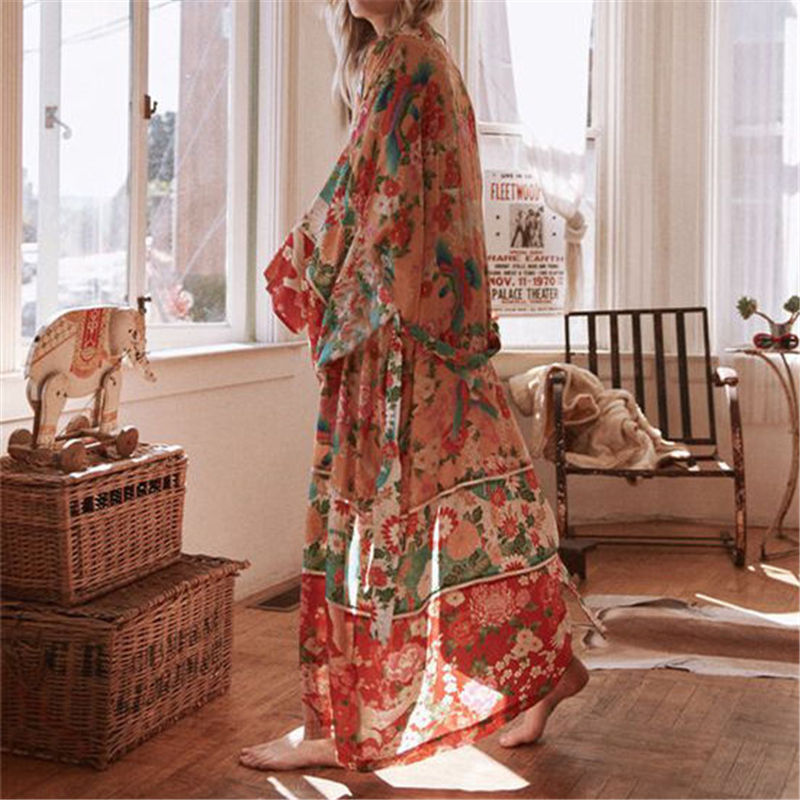 Bohemian Floral Printed Front Open Wrap Dress Chiffon Tunic