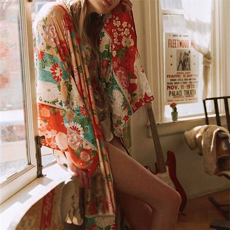Bohemian Floral Printed Front Open Wrap Dress Chiffon Tunic