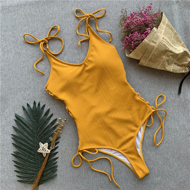 Yellow Lace Up One Piece Swimsuit