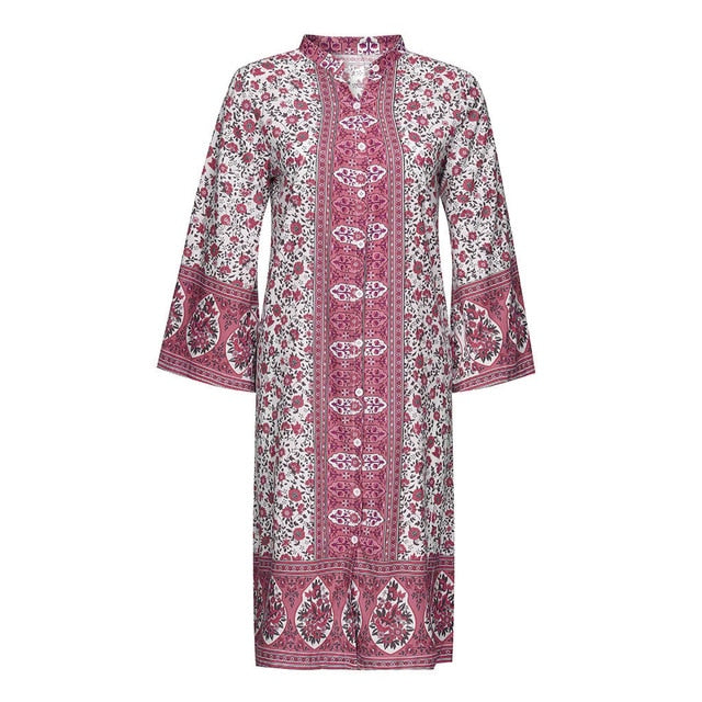 Summer Maxi Boho Flowers Print Button Down Flare Sleeve Loose Dress