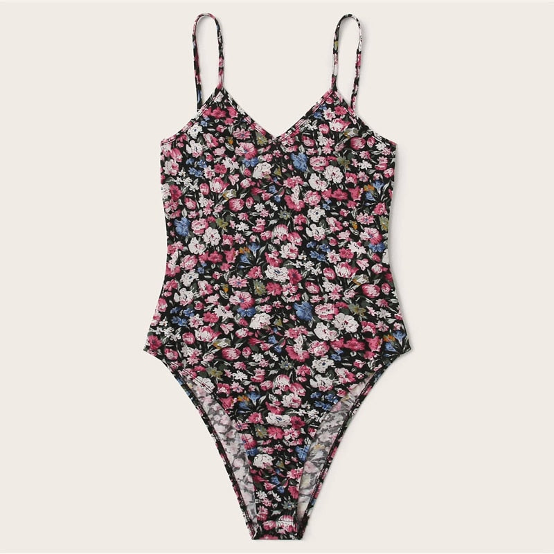 SHEIN Multicolor Floral Print Cami Bodysuit Women 2020 Summer Sleeveless Mid Waist Skinny Ladies Casual Bodysuits