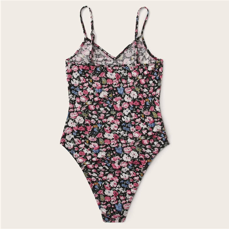 SHEIN Multicolor Floral Print Cami Bodysuit Women 2020 Summer Sleeveless Mid Waist Skinny Ladies Casual Bodysuits