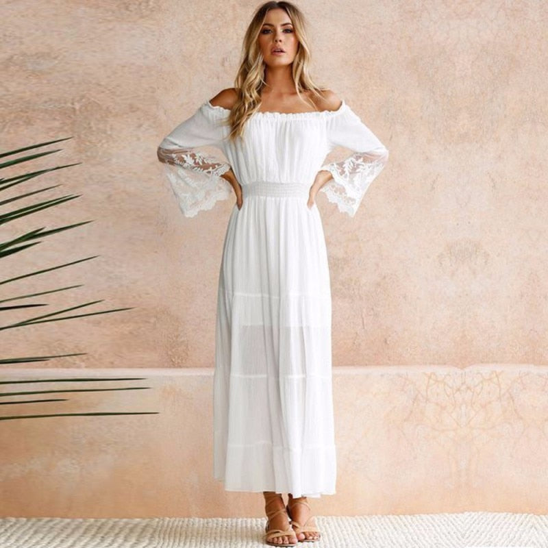 Summer Loose Off Shoulder Lace Boho Maxi Dress