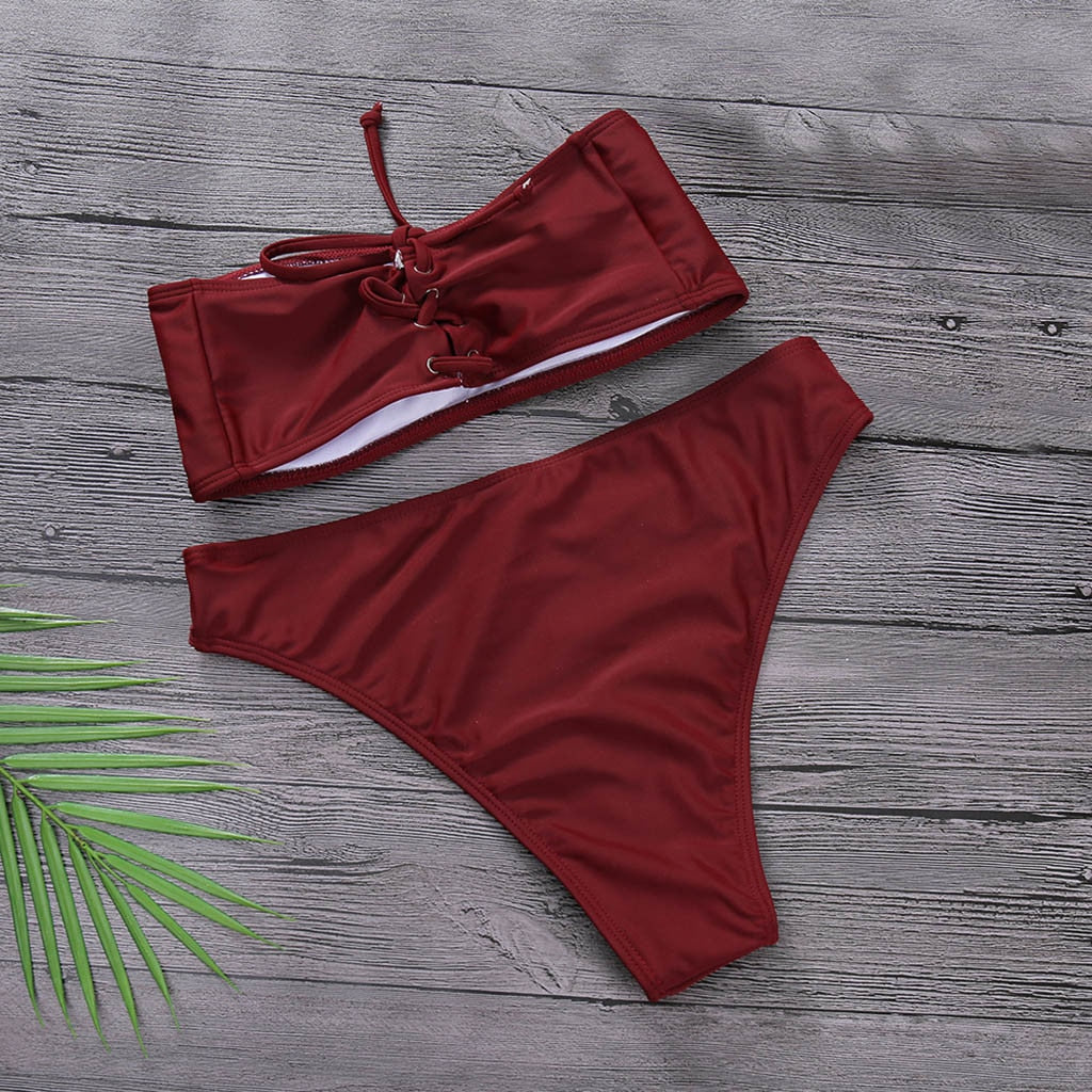 Bandage Bikini Set High Waist Solid Swimwear