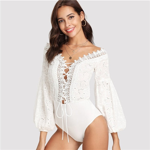 SHEIN Lace Trim Plunge Neck Eyelet Embroidered Bodysuit
