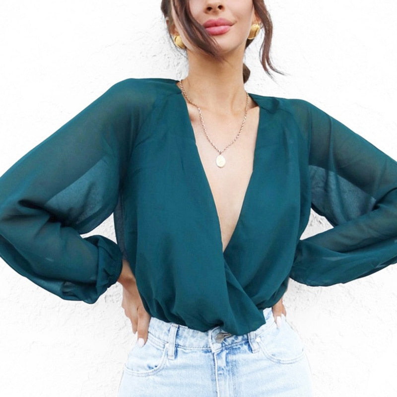 Cross V Neck Long Sleeve Retro Bodysuit