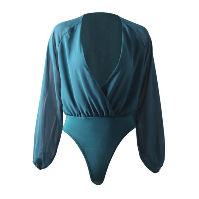 Cross V Neck Long Sleeve Retro Bodysuit