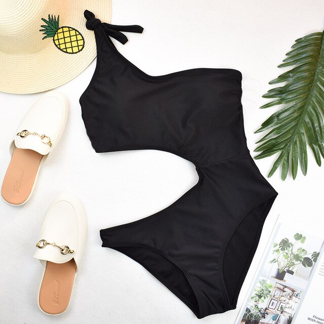 One Shoulder Black Cut Out Swimsuit