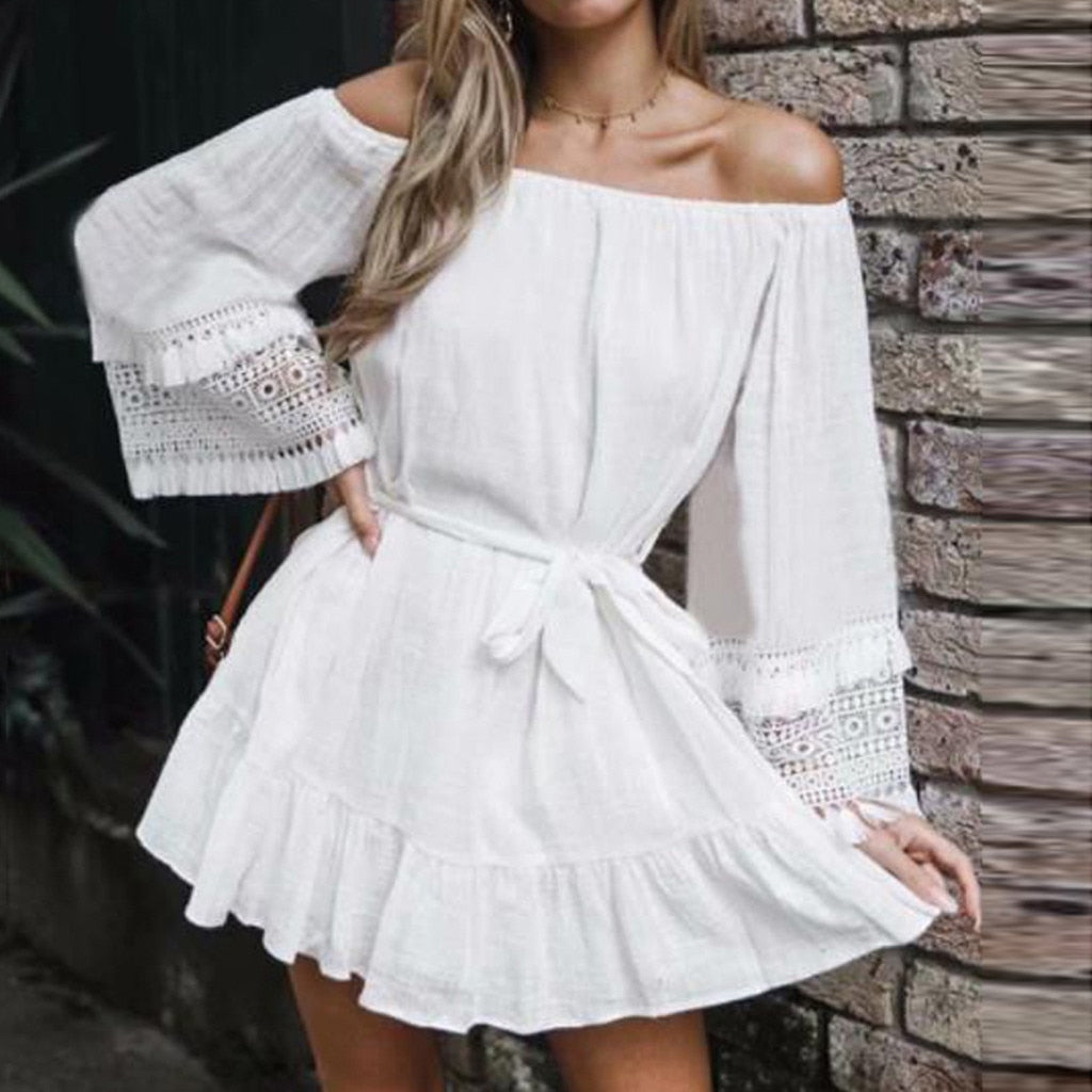ISHOWTIENDA Cover Up Swimwear Beach Wear Off Long Sleeve Blouse Dress