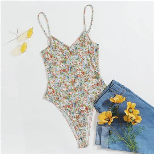 SHEIN Multicolor Floral Print Cami Bodysuit Women 2020 Summer Sleeveless Mid Waist Skinny Ladies Casual Bodysuits