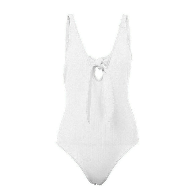Solid V-Neck Sleeveless Chest Bow Tie Backless Strap Bodysuit
