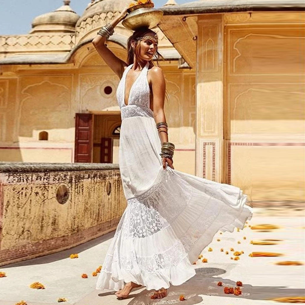 Women V Neck Lace Patchwork Backless Halter Beach Dress