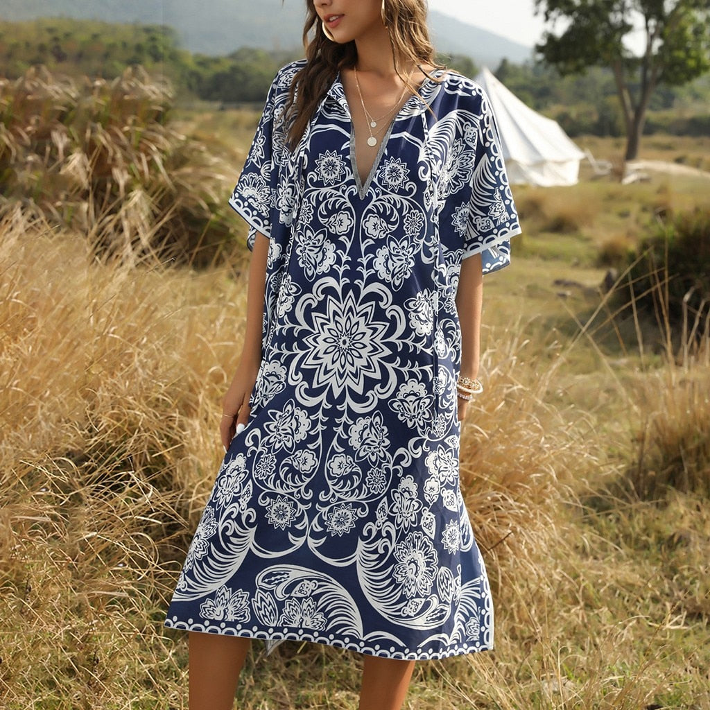 Boho Patchwork Hollow Summer Beach Dress
