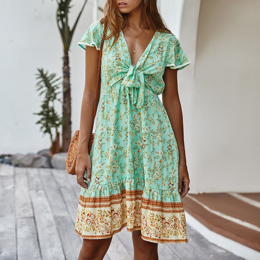 Women V-Neck Summer Casual Mini Floral Printed Dress