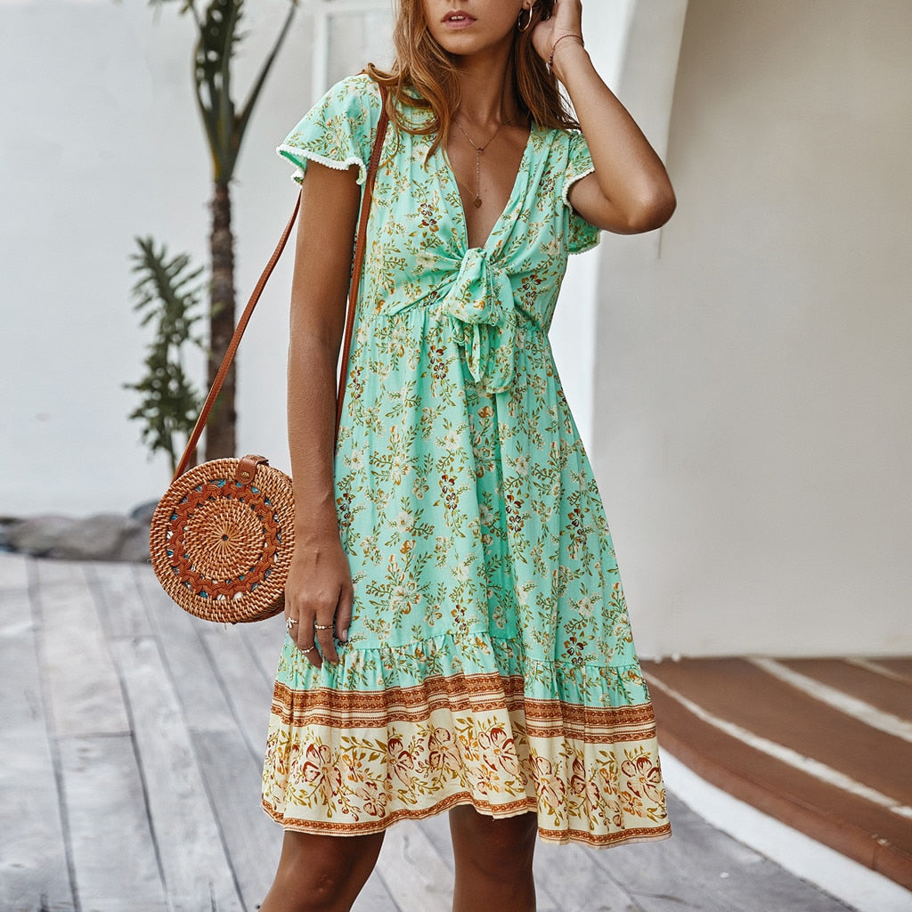 Women V-Neck Summer Casual Mini Floral Printed Dress
