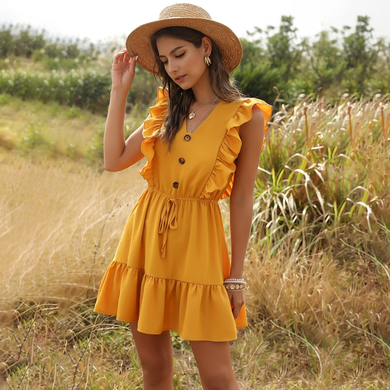 Sweet High Waist Party V Neck Ruffles Casual Boho Beach Dress