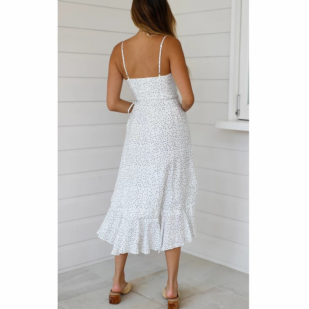 Sleeveless V-Collar Dot Bandage Beach Dress