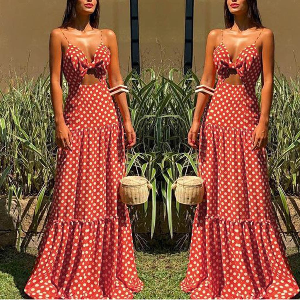 Holiday Summer Dots Print Sleeveless Beach Party Dress