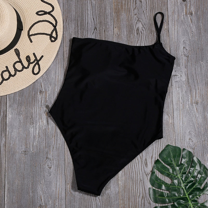Retro One Shoulder Bathing Suit Solid One Piece Swimwear